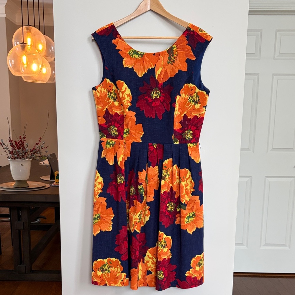Ellen‎ Tracy Navy and Orange Floral Midi Dress